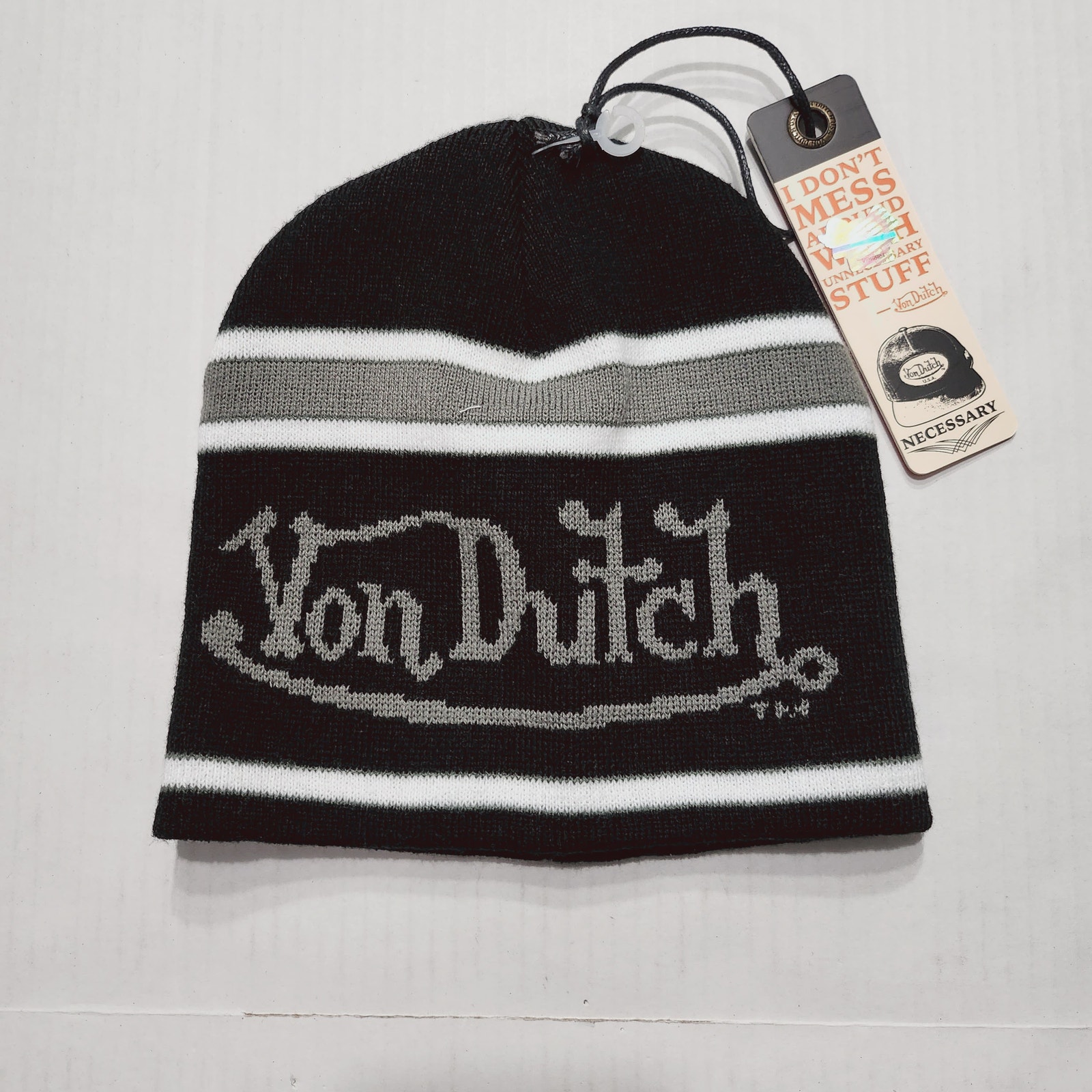 Mens Size O/S Von Dutch Beanie Cap Penalty Skully Winter Warm Striped Black Gray